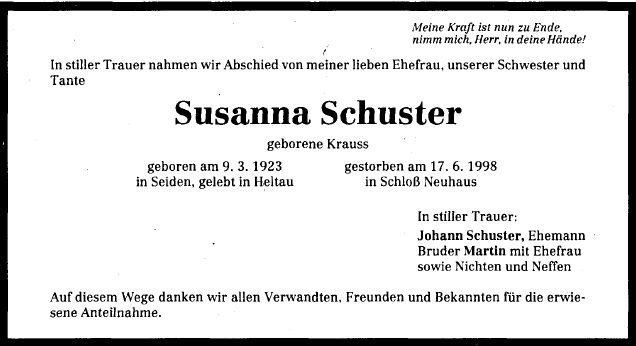 Krauss Susanna 1923-1998 Todesanzeige